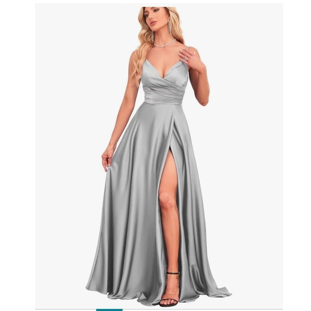 Silver Satin Bridesmaid Dress Spaghetti Strap Formal Prom Evening Gown Pockets 4
